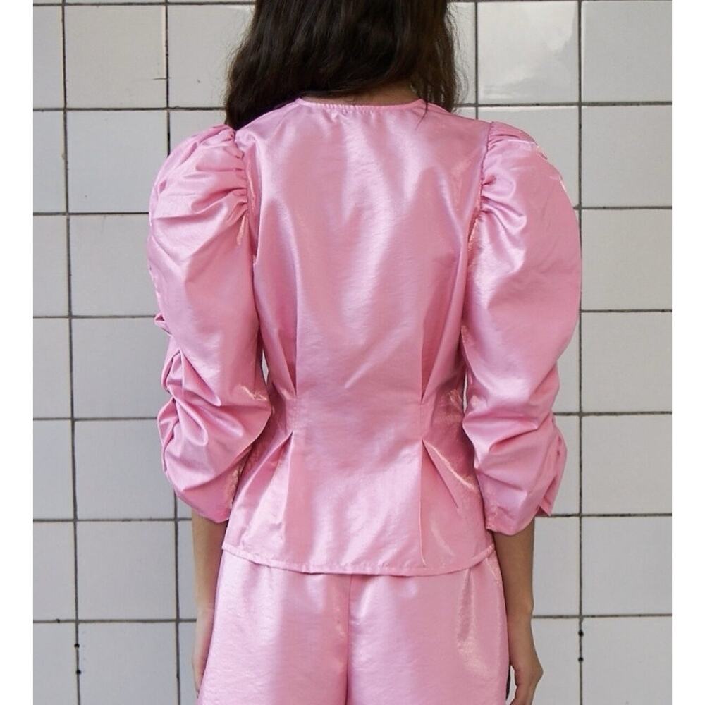 Stella Nova Pippi Blouse Pink Barbiecore Shiny Nylon Balloon Sleeve Sz 36 Small - Picture 2 of 9